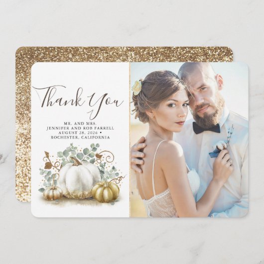 金ゴールドとホワイトカボチャ秋の結婚式ありがとう サンキューカード (正面/裏面)