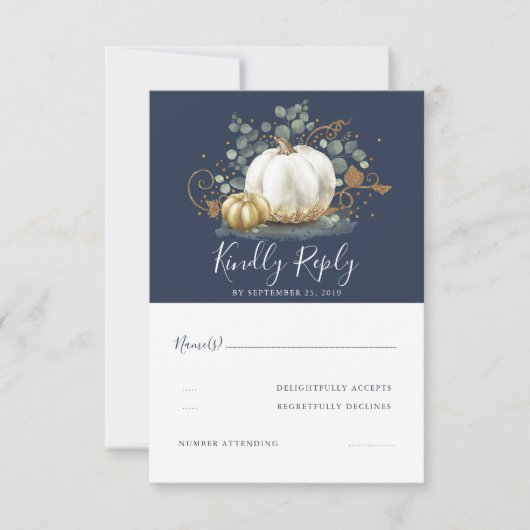 金ゴールドとホワイトカボチャ秋の結婚式RSVP 出欠カード (正面)