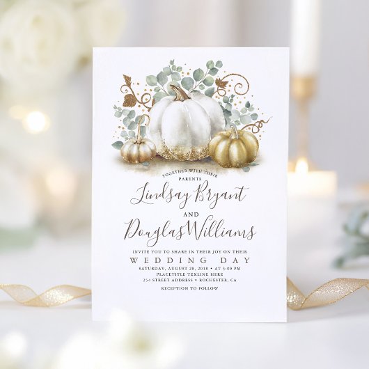 金ゴールドとホワイトカボチャ素朴モダン秋の結婚式 招待状