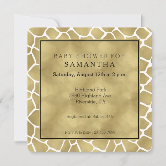 金ゴールドとホワイトキリンプリントベビーシャワー 招待状 (正面)