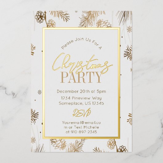 金ゴールドとホワイトクリスマスパインコーン植物学 箔招待状 (正面)
