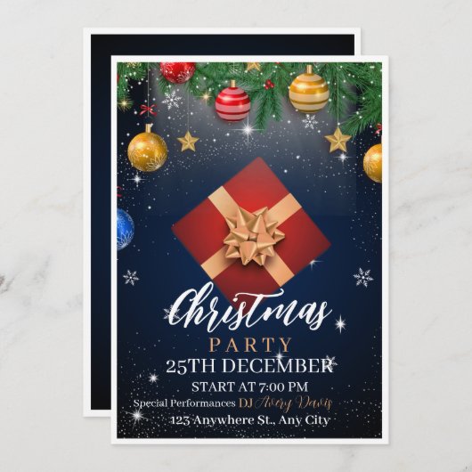 金ゴールドとホワイトクリスマスパーティーフライヤー招待状 招待状 (正面/裏面)