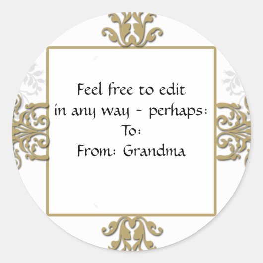 金ゴールドとホワイトシルバーダマスクのフォトロゴ ラウンドシール (正面)