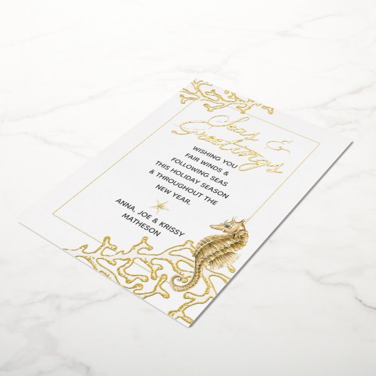 金ゴールドとホワイトシーズ&グリーティング航海のクリスマス 箔シーズンカード (回転した状態)