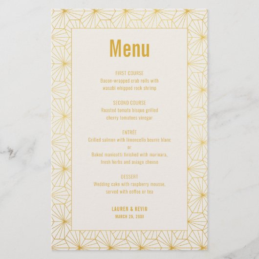 金ゴールドとホワイトジオメトリックアールデコのメニューカード (正面)