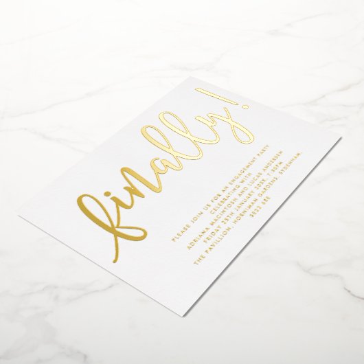 金ゴールドとホワイトスクリプトの最後の婚約パーティ 箔招待状 (回転した状態)