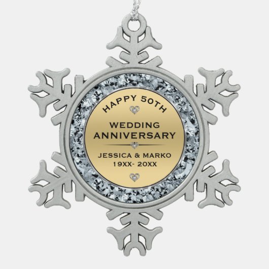 金ゴールドとホワイトダイヤ結婚モンド50周年記念 スノーフレークピューターオーナメント (正面)