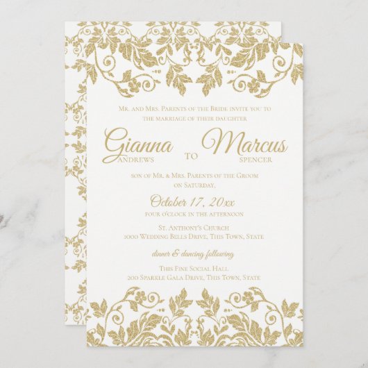 金ゴールドとホワイトダマスクの結婚式 招待状 (正面/裏面)