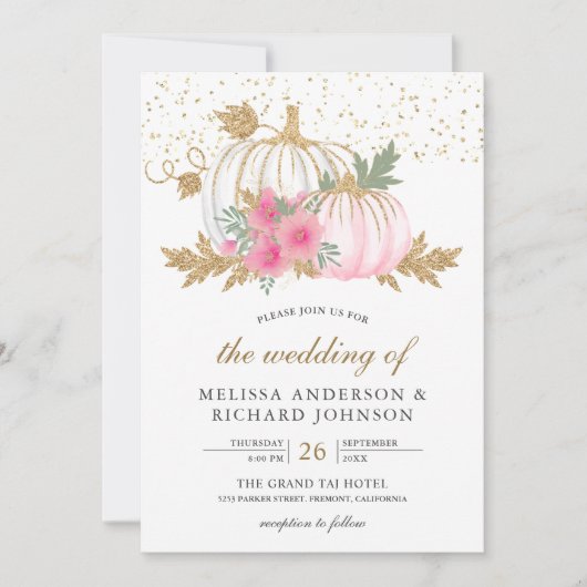 金ゴールドとホワイトパンプキンピンクフローラ秋の結婚式 招待状 (正面)