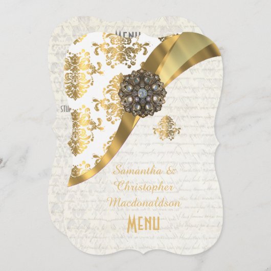金ゴールドとホワイトパーチメントのダマスク結婚式メニュー メニュー (正面/裏面)