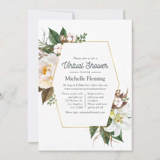 金ゴールドとホワイトフローラの仮想シャワー 招待状 (正面)