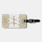 金ゴールドとホワイトフローラペイズリーレース ラゲッジタグ (正面横)