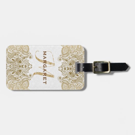 金ゴールドとホワイトフローラペイズリーレース ラゲッジタグ (正面横)