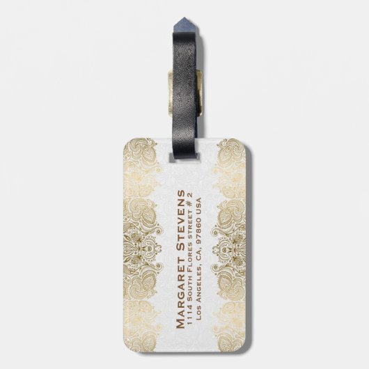 金ゴールドとホワイトフローラペイズリーレース ラゲッジタグ (裏面縦)