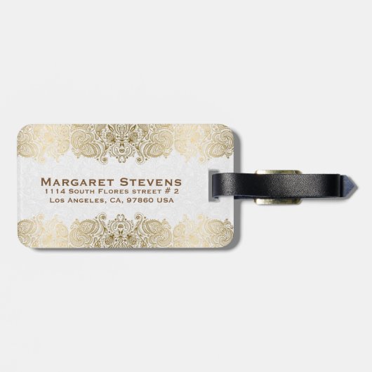 金ゴールドとホワイトフローラペイズリーレース ラゲッジタグ (裏面横)