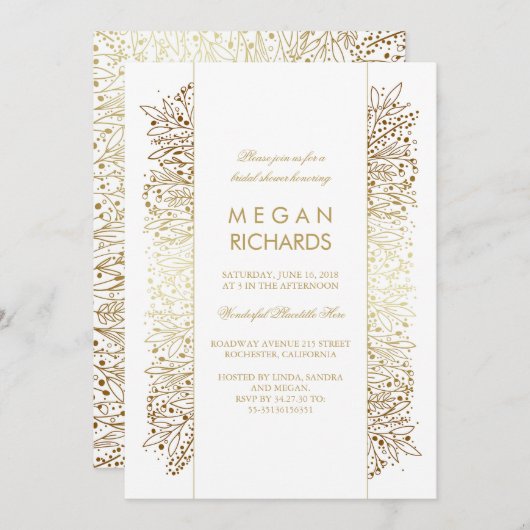 金ゴールドとホワイトフローラヴィンテージシックブライダルシャワー 招待状 (正面/裏面)