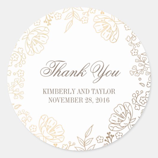 金ゴールドとホワイトフローラヴィンテージ結婚式 ラウンドシール (正面)