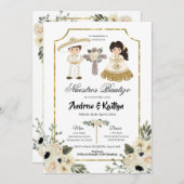 金ゴールドとホワイトフローラ兄弟姉妹ボーイアンドガールバウティゾ 招待状 (正面/裏面)