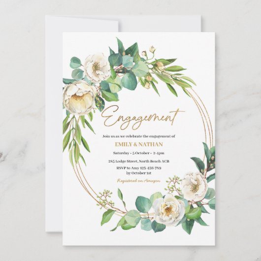 金ゴールドとホワイトフローラ婚約招待状 招待状 (正面)