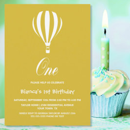 金ゴールドとホワイトホットエアバルーン1st誕生日パーティー 招待状