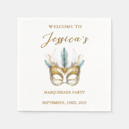 金ゴールドとホワイトマスクマスカレードパーティー誕生日 スタンダードカクテルナプキン