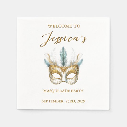 金ゴールドとホワイトマスクマスカレードパーティー誕生日 スタンダードカクテルナプキン (正面)