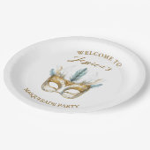 金ゴールドとホワイトマスクマスカレードパーティー誕生日 ペーパープレート (アングル)