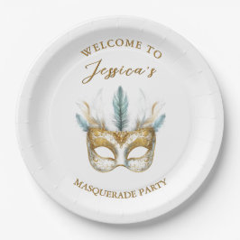 金ゴールドとホワイトマスクマスカレードパーティー誕生日 ペーパープレート