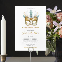 金ゴールドとホワイトマスクマスカレードパーティー誕生日 招待状