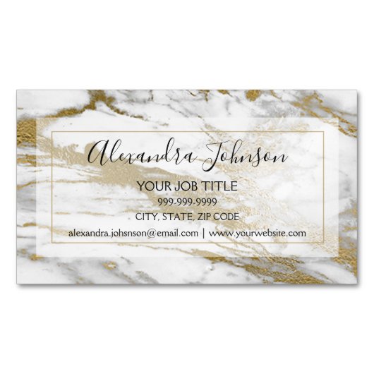 金ゴールドとホワイトマーブルストーンプロフェッショナル モダン マグネット名刺 (正面)