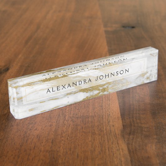 金ゴールドとホワイトマーブルプロフェッショナル モダン デスクネームプレート (側面)