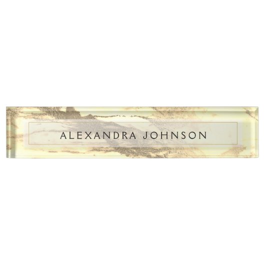 金ゴールドとホワイトマーブルプロフェッショナル モダン デスクネームプレート (正面)