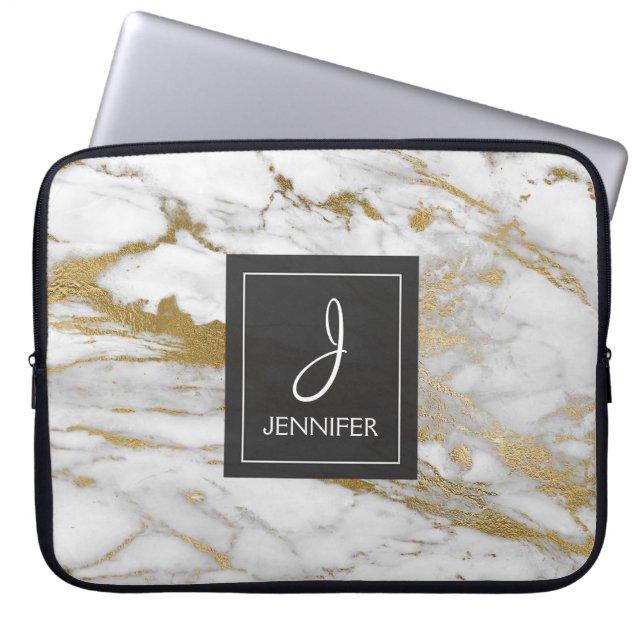金ゴールドとホワイトマーブルモノグラエレガントム ラップトップスリーブ (正面)