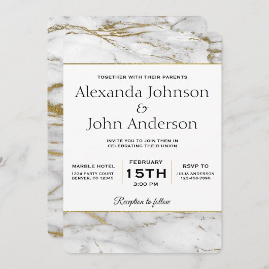 金ゴールドとホワイトマーブル結婚式招待状 招待状 (正面/裏面)