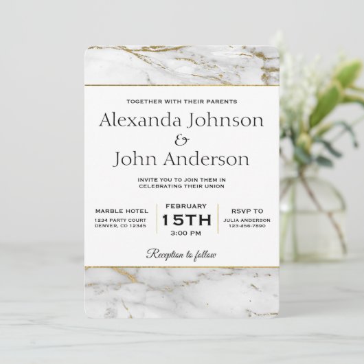 金ゴールドとホワイトマーブル結婚式招待状 招待状 (スタンド正面)
