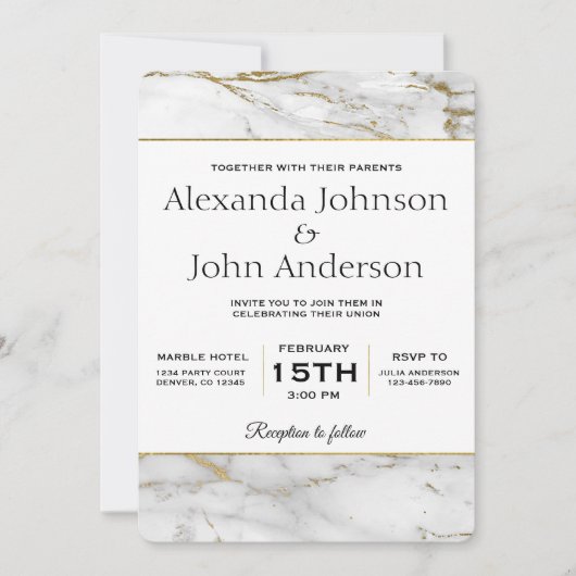 金ゴールドとホワイトマーブル結婚式招待状 招待状 (正面)
