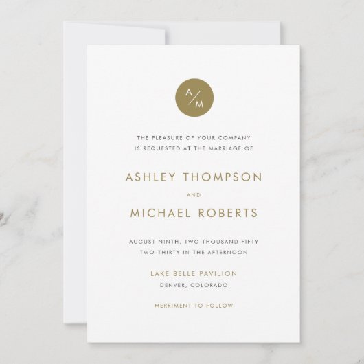 金ゴールドとホワイトミニマルモダンリストモノグラ結婚ム 招待状 (正面)