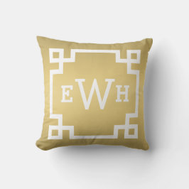 金ゴールドとホワイトモノグラム |ギリシャ語の鍵縁ど クッション