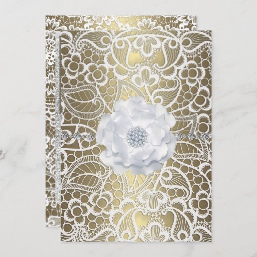 金ゴールドとホワイトレースのエレガントな結婚式 招待状 (正面/裏面)