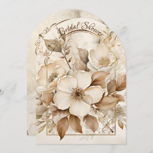 金ゴールドとホワイトローズアーチフレームブライダルシャワー 招待状 (正面/裏面)