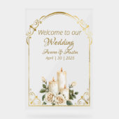 金ゴールドとホワイトローズキャンドルライトウェルカム アクリルサイン (正面)