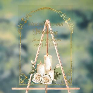 金ゴールドとホワイトローズキャンドルライトウェルカム アクリルサイン