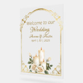 金ゴールドとホワイトローズキャンドルライトウェルカム アクリルサイン (傾斜)