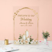 金ゴールドとホワイトローズキャンドルライトウェルカム アクリルサイン (ウェディング)