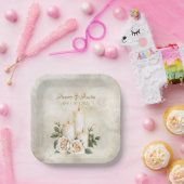 金ゴールドとホワイトローズキャンドルライト ペーパープレート (パーティー)