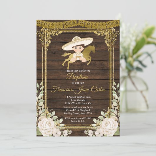 金ゴールドとホワイトローゼフィエスタボーイバプテスマ 招待状 (スタンド正面)