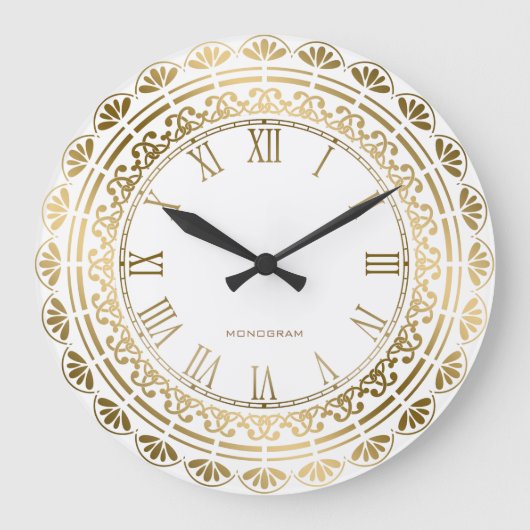 金ゴールドとホワイトヴィンテージフローラデザイン ラージ壁時計 (正面)
