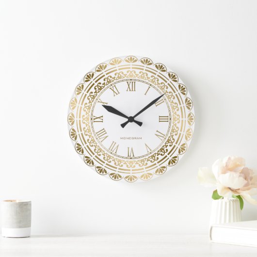 金ゴールドとホワイトヴィンテージフローラデザイン ラージ壁時計 (ホーム)