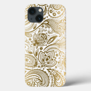 金ゴールドとホワイトヴィンテージフローラペイズリー iPhone 13ケース