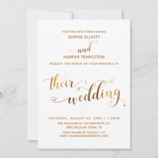 金ゴールドとホワイト結婚のタイポグラフィとハート 招待状 (正面)